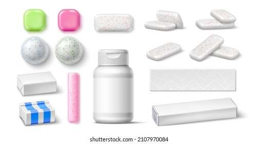 Chicle de mascado de toallas. Bubblegums realistas, productos 3d, diferentes maquetas de empaque. Almohadillas, bolas y palos blancos, sabor a menthol y fruta, higiene de dientes de aliento fresco