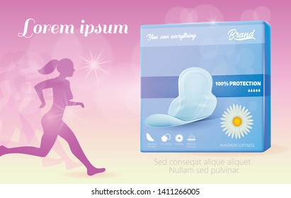 Pads with Wings and Flexible Design Ad Banner. Comfort and Protection for Active Woman during Menstruation Period. Realistic Vector Female Body Silhouette. 3d Running Girl Illustration on Copy Space