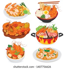 Padthai, Seafood Noodles, Barbecue Seafood, Shabu, Tom Yum Kung and Spaghetti Seafood Vector.