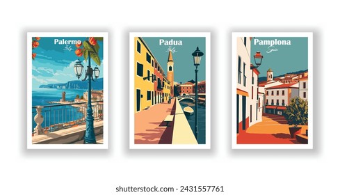 Padua, Italia. Palermo, Italia. Pamplona, España - Set de 3 Carteles de Viajes Vintage. Ilustración vectorial. Impresiones de alta calidad