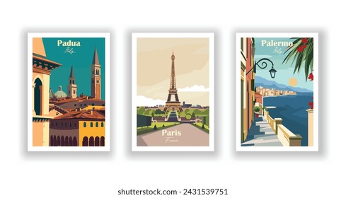 Padua, Italien. Palermo, Italien. Paris, Frankreich - Set mit 3 Vintage-Reiseplakaten. Vektorgrafik. Qualitativ hochwertige Ausdrucke