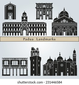 Padua landmarks and monuments isolated on blue background in editable vector file