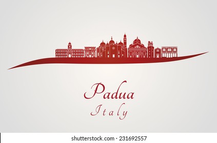 Padua skyline in red and gray background in editable vector file