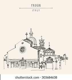 Padua, Veneto, Italy, Europe. Cathedral of the Assumption of Mary of Padua, Roman Catholic church and minor basilica. Isolated vector illustration. Postcard template with "Padua, Italy" hand lettering