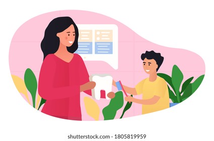Paediatric dentistry with child being taught dental hygiene by his mother or dentist using a model tooth, colored vector illustration