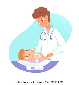 Paediatrician doctor doing check up on baby in clinic or hospital. Woman with small happy infant with stethoscope vector illustration. Consultation in medical examination room.