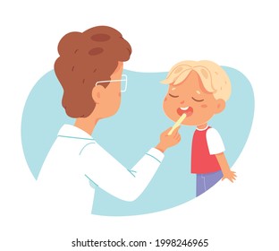 Paediatrician doctor looking at sore throat of little child in clinic. Physician doing check up on small happy boy vector illustration. Consultation in medical examination room scene.