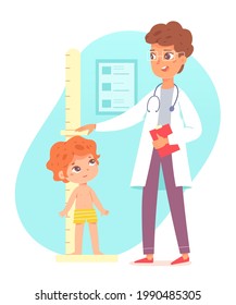 Paediatrician Doctor Measuring Hight Of Little Child In Clinic. Physician Doing Check Up On Small Happy Boy Vector Illustration. Consultation In Medical Examination Room Scene.