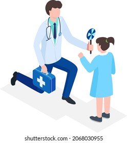 Paediatrician male character hold medical kit, doctor give sweet lollipop to children girl isometric 3d vector illustration, isolated on white.