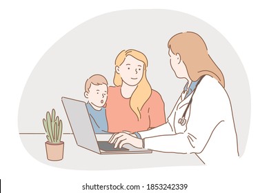 Paediatrician, medicare, health examination concept. Young woman doctor cartoon character talking to mother and son in medical clinic during consultation and typing prescription on laptop illustration
