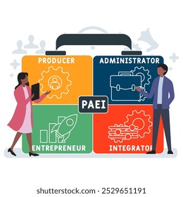 PAEI - produtor, administrador, empreendedor, integrador acrônimo. plano de fundo conceito de negócios. conceito de ilustração vetorial com palavras-chave e ícones. ilustração de letras com ícones para banner da Web
