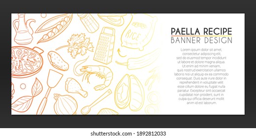 Doodles de la pancarta de Paella. Traje de la mano de la comida española. Recipe Cook ilustra. España Propone El Diseño Horizontal Vector.