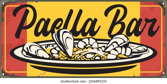 Paella bar retro restaurant sign with paella plate vector drawing with shrimps and mussels . Spanish food menu advertisement.