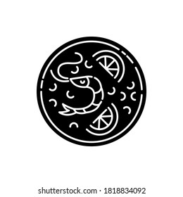 Paella Black Glyph Icon. Spanish Rice Dish With Seafood. Hot Meal With Fresh Shrimp. Shellfish Ingredient In Restaurant Dinner. Silhouette Symbol On White Space. Vector Isolated Illustration