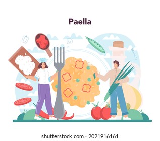 Paella concept. Spanish traditional dish with seafood and rice on a plate. Chefs cooking healthy gourmet cuisine. Isolated vector illustration in cartoon style