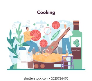 Paella concept. Spanish traditional dish with seafood and rice on a plate. Chefs cooking healthy gourmet cuisine. Isolated vector illustration in cartoon style