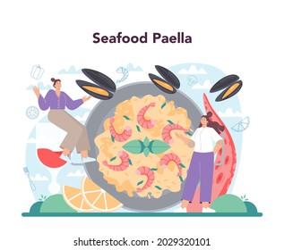 Paella concept. Spanish traditional dish with seafood and rice on a plate. Chefs cooking healthy gourmet cuisine. Isolated vector illustration in cartoon style