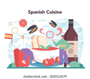 Paella concept. Spanish traditional dish with seafood and rice on a plate. Chefs cooking healthy gourmet cuisine. Isolated vector illustration in cartoon style