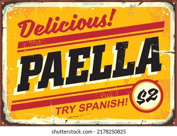 Publicidad retro de la deliciosa cocina española paella.  Menú de señas de restaurantes comerciales. Ilustración vectorial de alimentos.