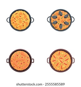 Paella dish icons set cartoon vector. Various paella with seafood. Traditional spanish food