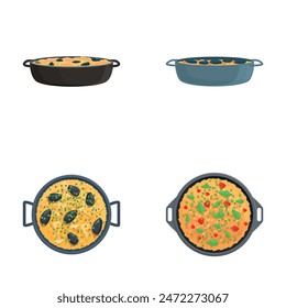 Paella food icons set cartoon vector. Various paella with seafood. Traditional spanish food