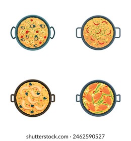 Paella icons set cartoon vector. Tasty paella with seafood. Traditional spanish food