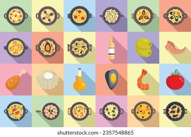 Paella icons set flat vector. Dish cook. Clam eat