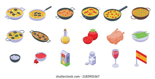 Paella icons set isometric vector. Dish cook. Cooking cuisine