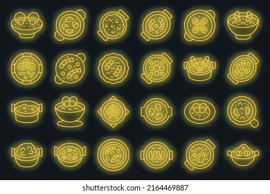 Los iconos de la paella establecen el vector de contorno. Dish cocinar. La cocina come neón vector