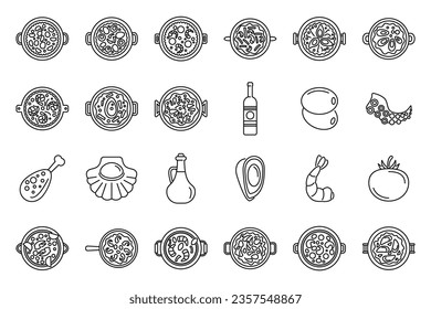 Paella icons set outline vector. Dish cook. Clam eat