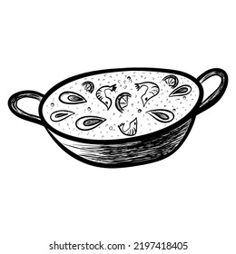 Paella. Italian Cuisine. Spanish food.  dish. pasta, risotto, tomato soup. Indian food in a pan. delicious, yami, kawaii. Menu design.  copper dishes. vector eps 10