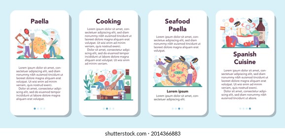 Paella mobile application banner set. Spanish traditional dish with seafood and rice on a plate. Chefs cooking healthy gourmet cuisine. Isolated vector illustration in cartoon style