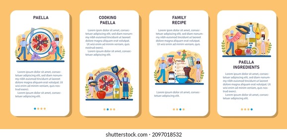 Paella mobile application banner set. Spanish traditional dish with seafood and rice on a plate. Chefs cooking healthy gourmet cuisine. Isolated vector illustration in cartoon style