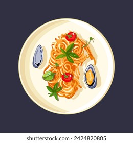 Paella with mussels in a plate. Cherry tomatoes with herbs. Healthy lunch. Healthy eating. Menu for restaurant and cafe. Vector illustration