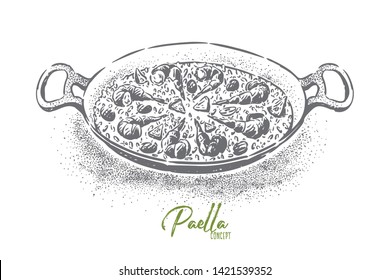 Paella, national seafood, rice dish spiced with saffron and olive oil, delicious meal with shrimps, prawns. Tasty traditional food, spanish cuisine concept sketch. Hand drawn vector illustration