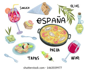 Paella, olive oil, wine glass of sangria and wine, tapas. Seafood food recipes. Street food, cafe menu. Lettering and illustrations in cartoon flat style.