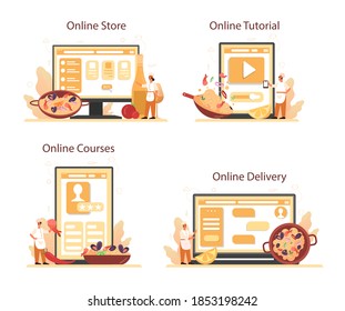 Paella online service or platform set. Spanish traditional dish with seafood and rice on a plate. Online store, delivery, tutorial, course. Isolated vector illustration in cartoon style