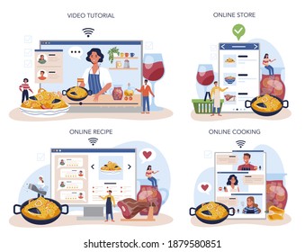 Paella online service or platform set. Spanish traditional dish with seafood and rice. Chefs cooking healthy gourmet cuisine. Online cooking, store, recipe, video tutorial. Flat vector illustration