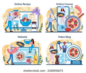 Paella online service or platform set. Spanish traditional dish with seafood and rice. Chefs cooking healthy gourmet cuisine. Online recipe, course, video blog, website. Flat vector illustration