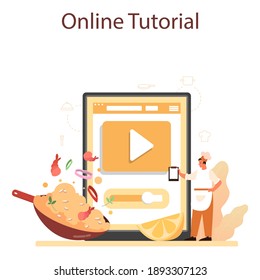 Paella online service or platform. Spanish traditional dish with seafood and rice on a plate. Online tutorial. Isolated vector illustration in cartoon style