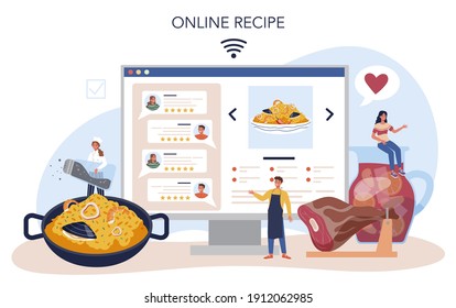 Paella online service or platform. Spanish traditional dish with seafood and rice. Chefs cooking healthy gourmet cuisine. Online recipe. Flat vector illustration