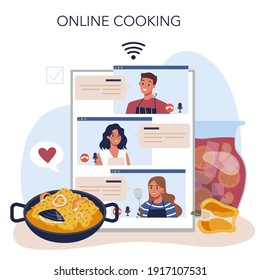 Paella online service or platform. Spanish traditional dish with seafood and rice. Chefs cooking healthy gourmet cuisine. Online cooking. Flat vector illustration