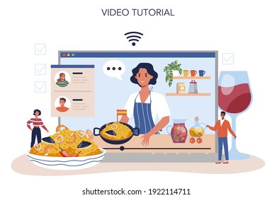 Paella online service or platform. Spanish traditional dish with seafood and rice. Chefs cooking healthy gourmet cuisine. Online video tutorial. Flat vector illustration