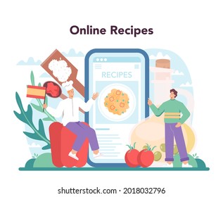 Paella online service or platform. Spanish traditional dish with seafood and rice on a plate. Chefs cooking healthy cuisine. Online recipe. Flat vector illustration