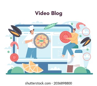 Paella online service or platform. Spanish traditional dish with seafood and rice on a plate. Chefs cooking healthy cuisine. Video blog. Flat vector illustration