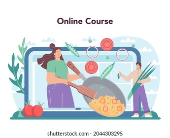 Paella online service or platform. Spanish traditional dish with seafood and rice on a plate. Chefs cooking healthy cuisine. Online course. Flat vector illustration