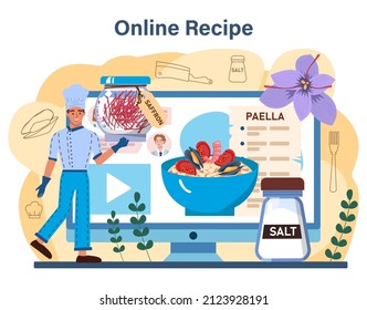 Paella online service or platform. Spanish traditional dish with seafood and rice. Chefs cooking healthy gourmet cuisine. Online recipe. Flat vector illustration