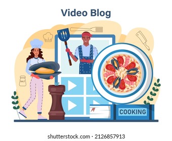 Paella online service or platform. Spanish traditional dish with seafood and rice. Chefs cooking healthy gourmet cuisine. Video blog. Flat vector illustration