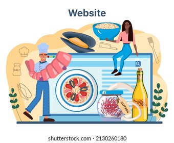 Paella online service or platform. Spanish traditional dish with seafood and rice. Chefs cooking healthy gourmet cuisine. Website. Flat vector illustration