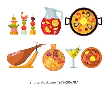 paella, sangria, tapas, jamon, cheese board vector illustration